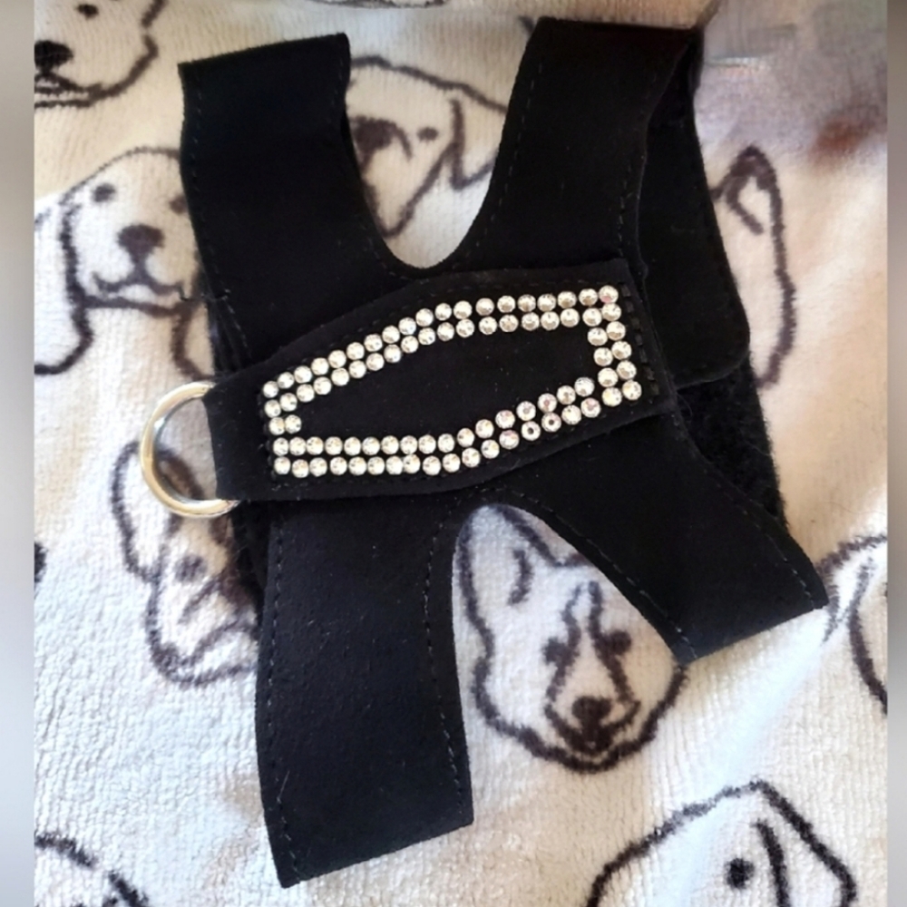 Blingy dog harness, black Faux Suede Lightweight Collar with rhinestones XXS